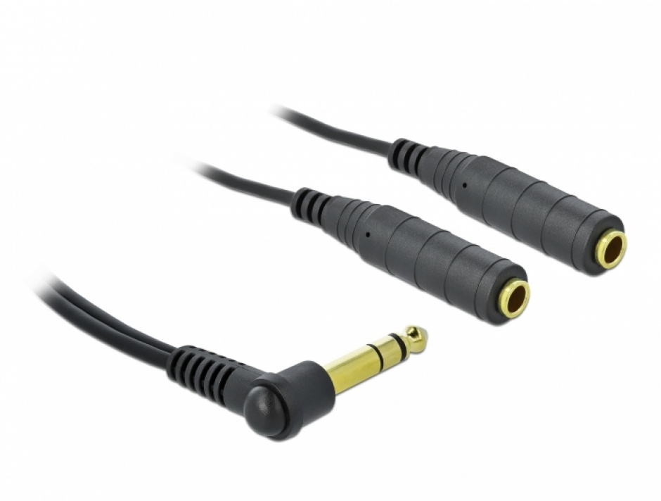 Imagine Splitter audio jack stereo 6.35 mm unghi la 2 x jack stereo 3.5mm T-M 25cm, Delock 66493